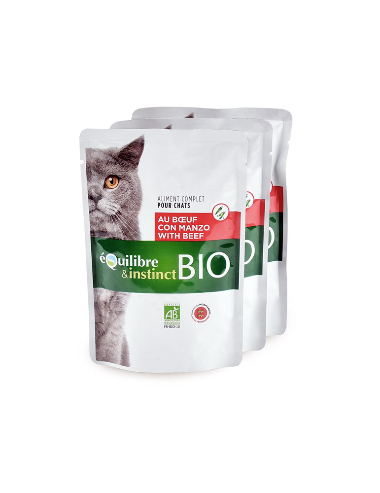 Lot de 3 pochons Equilibre & Instinct Emincés Bio pour Chat au Bœuf