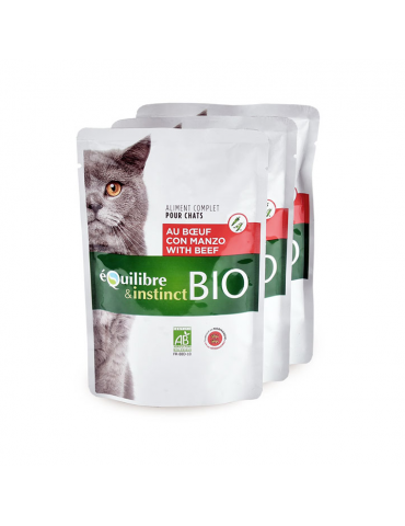 Lot de 3 pochons Equilibre & Instinct Emincés Bio pour Chat au Bœuf