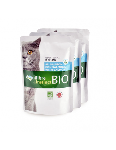 Lot de 3 pochons Equilibre & Instinct Emincés Bio pour Chat au saumon