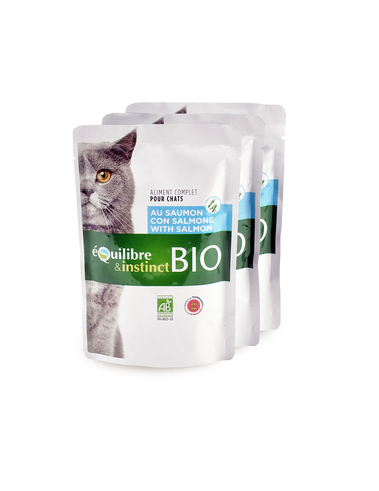 Lot de 3 pochons Equilibre & Instinct Emincés Bio pour Chat au saumon