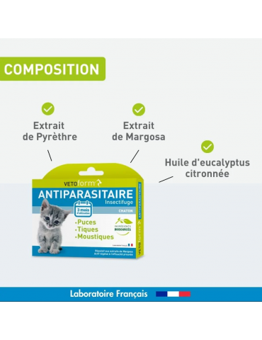 Composition du produit pipette antiparasitaire vetoform pour chaton