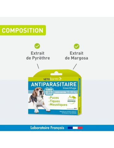 Composition du produit pipettes antiparasitaire vetoform pour chien moyen