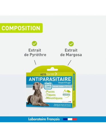 Composition du produit pipette antiparasitaire vetoform pour grand chien