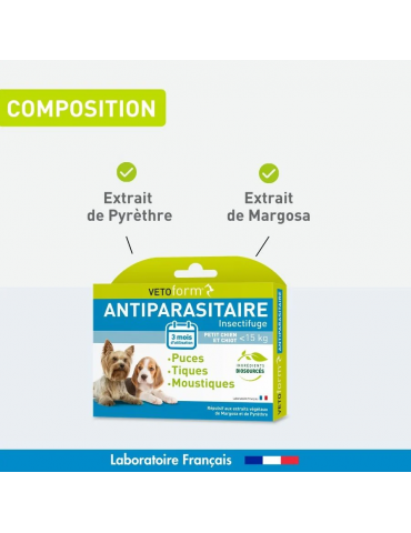 Composition du produit pipette antiparasitaire vetoform pour chiot et petit chien
