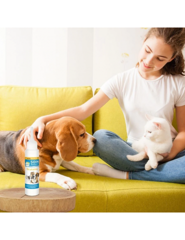 Femme assise sur un canapé à côté d'un chien et du produit lotion oculaire vetoform