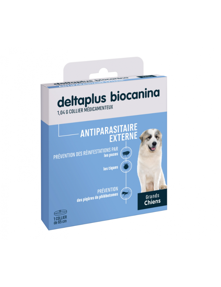 Boîte d'un collier deltaplus biocanina pour grand chien
