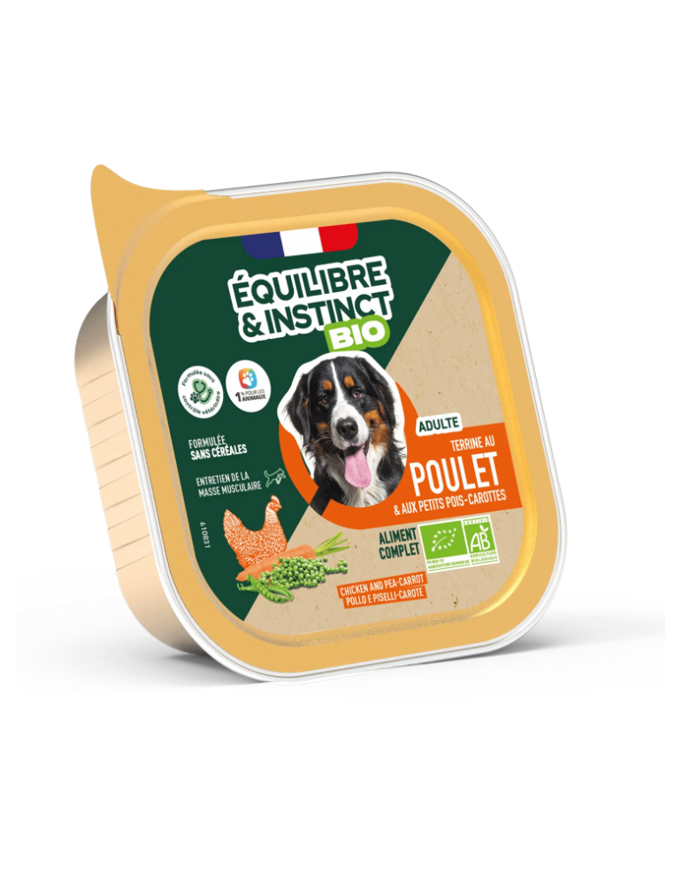 Barquette de terrine bio équilibre & instinct au poulet pour chien