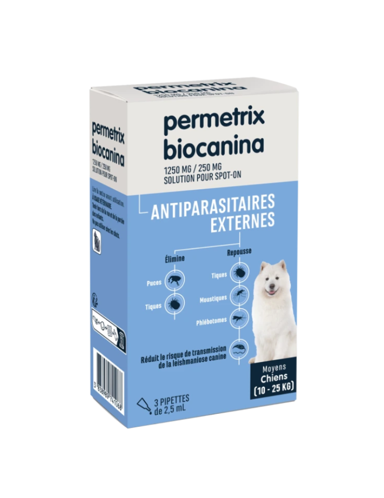 Boîte de 3 pipettes Permetrix Antiparasitaire Externe pour Chien moyen biocanina