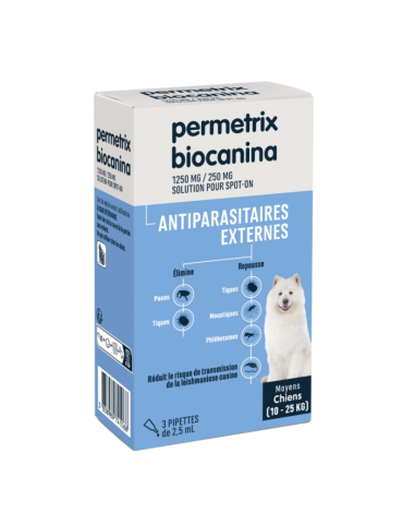 Boîte de 3 pipettes Permetrix Antiparasitaire Externe pour Chien moyen biocanina