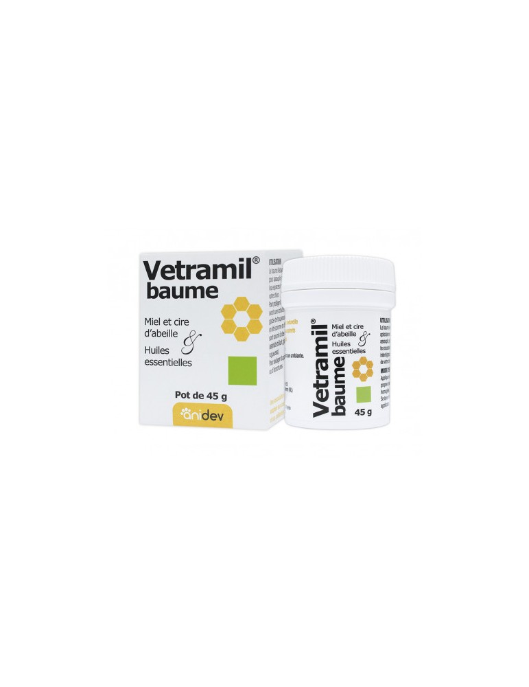 Crème Vetramil Baume au miel présentée dans un pot de 45g