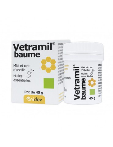 Crème Vetramil Baume au miel présentée dans un pot de 45g